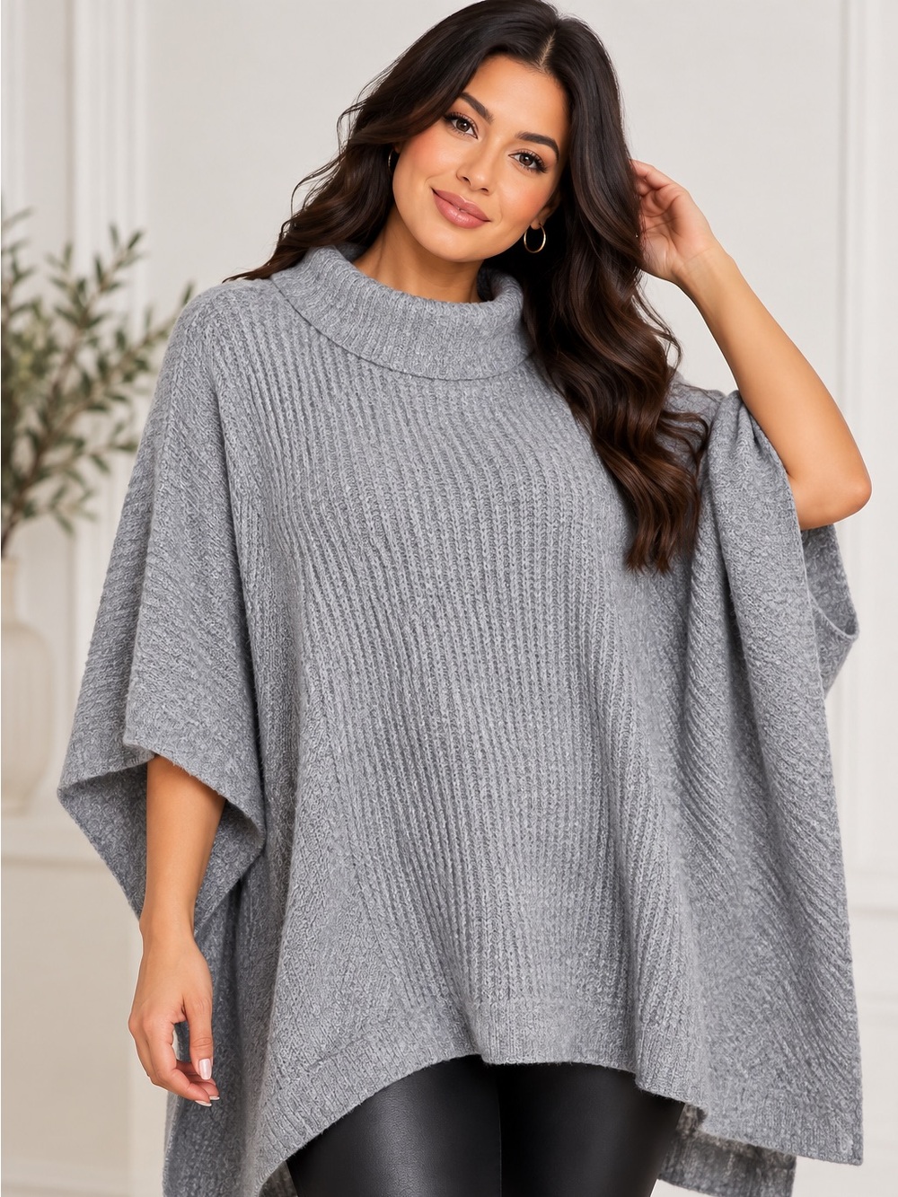 Elie Tahari Gray Heather Knit Poncho Sweater M/L NWT Oversized Mock Neck